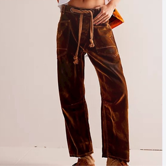 We The Free by Free People Denim - We The Free by FREE PEOPLE: “Moxie Flocked” Low Slung Barrel Jeans in RUST…NWT